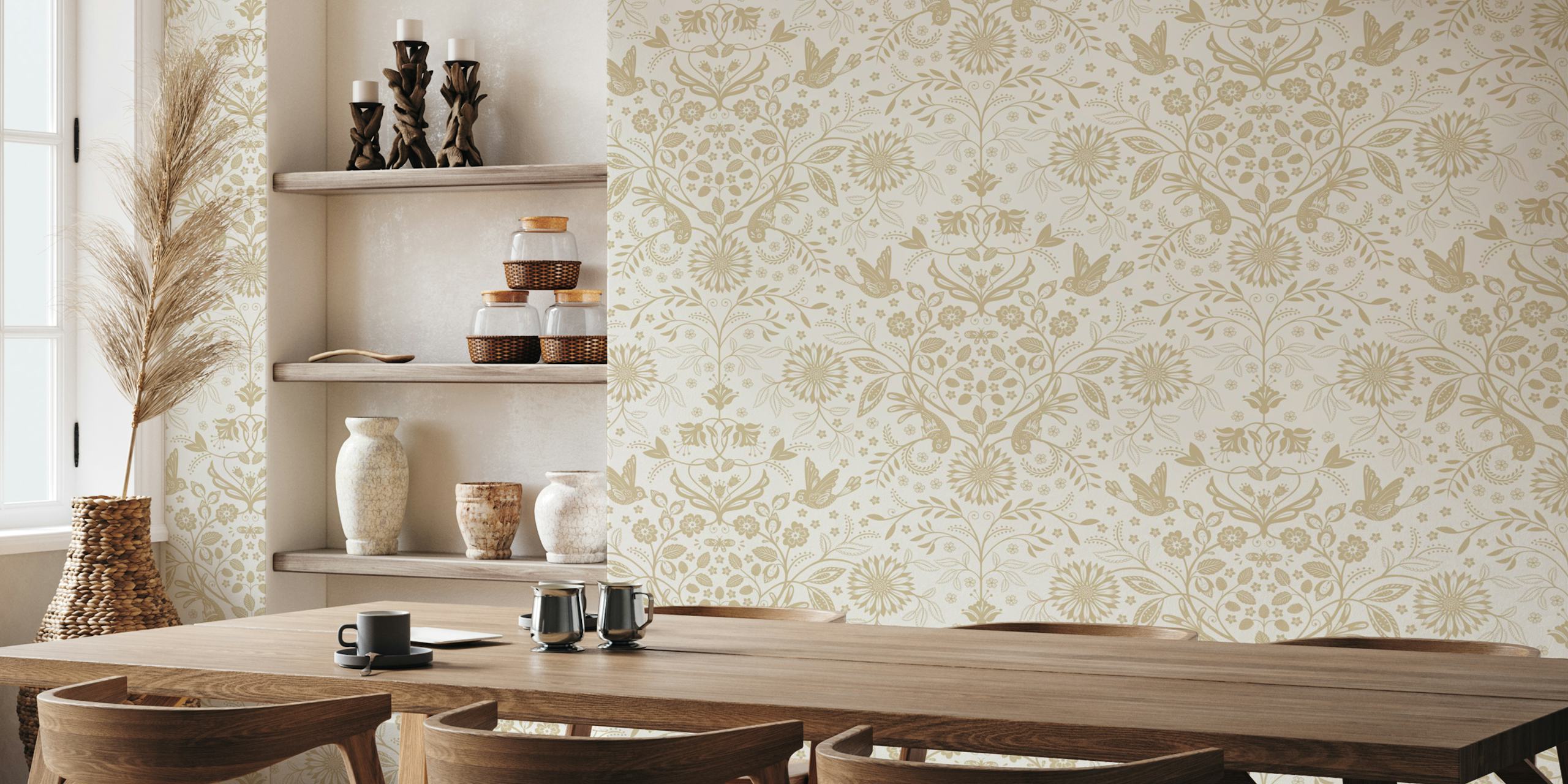 Beige floral design with birds and leaves on cream background wallpaper