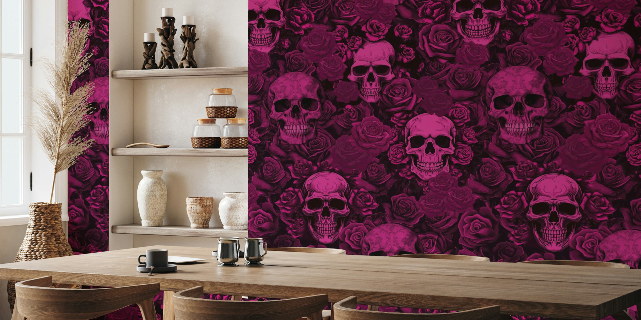 Goth skulls and pink roses pattern wallpaper