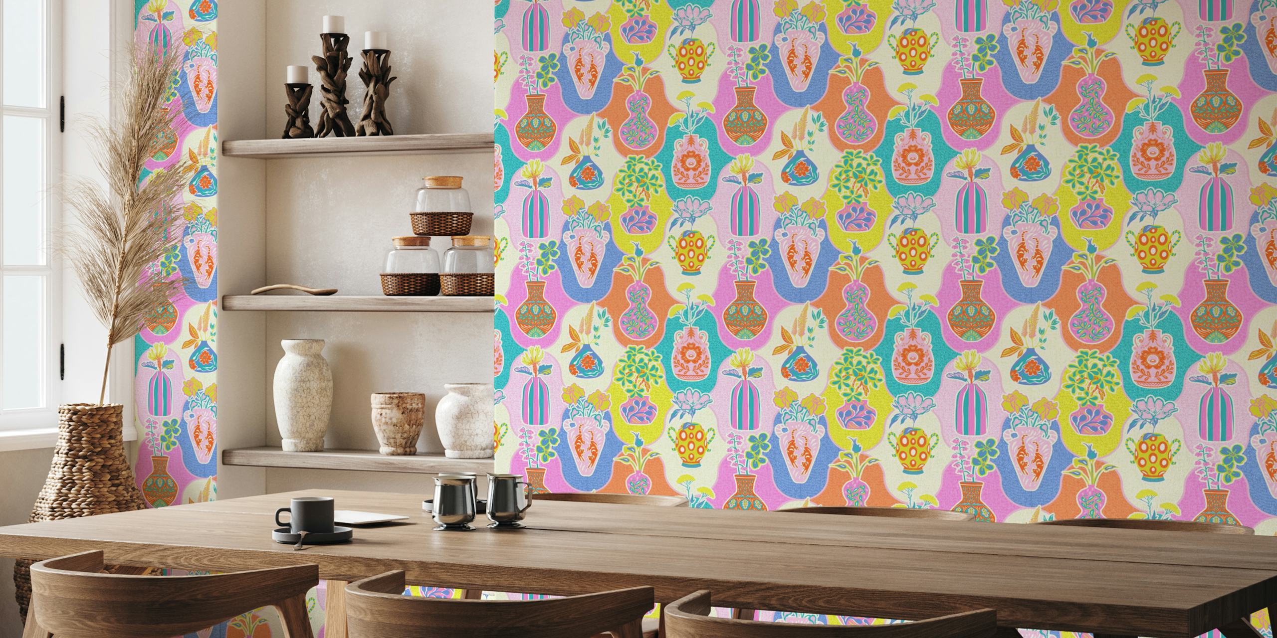 Papel de parede Colorful Kitschy Floral Vases em um quarto