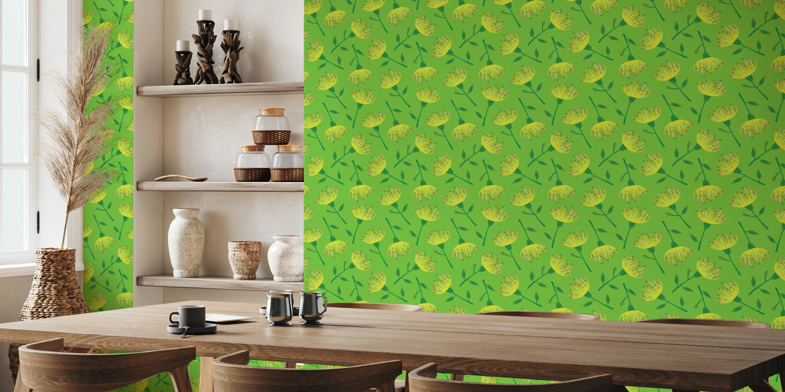 Eucalyptus floral design with pink and green flowers on lime green wallpaper