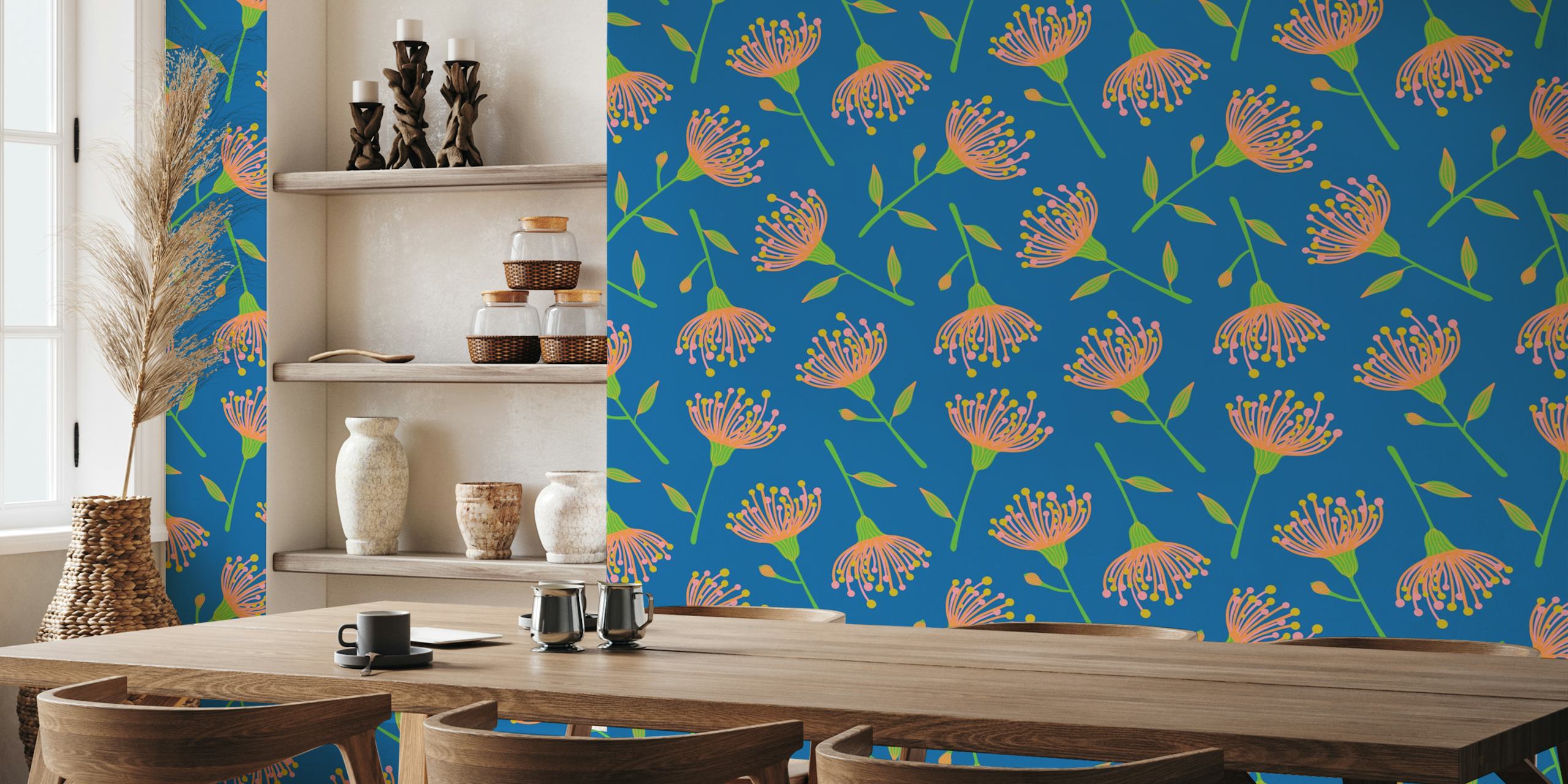 Eucalyptus Tossed Floral Wallpaper in room setting