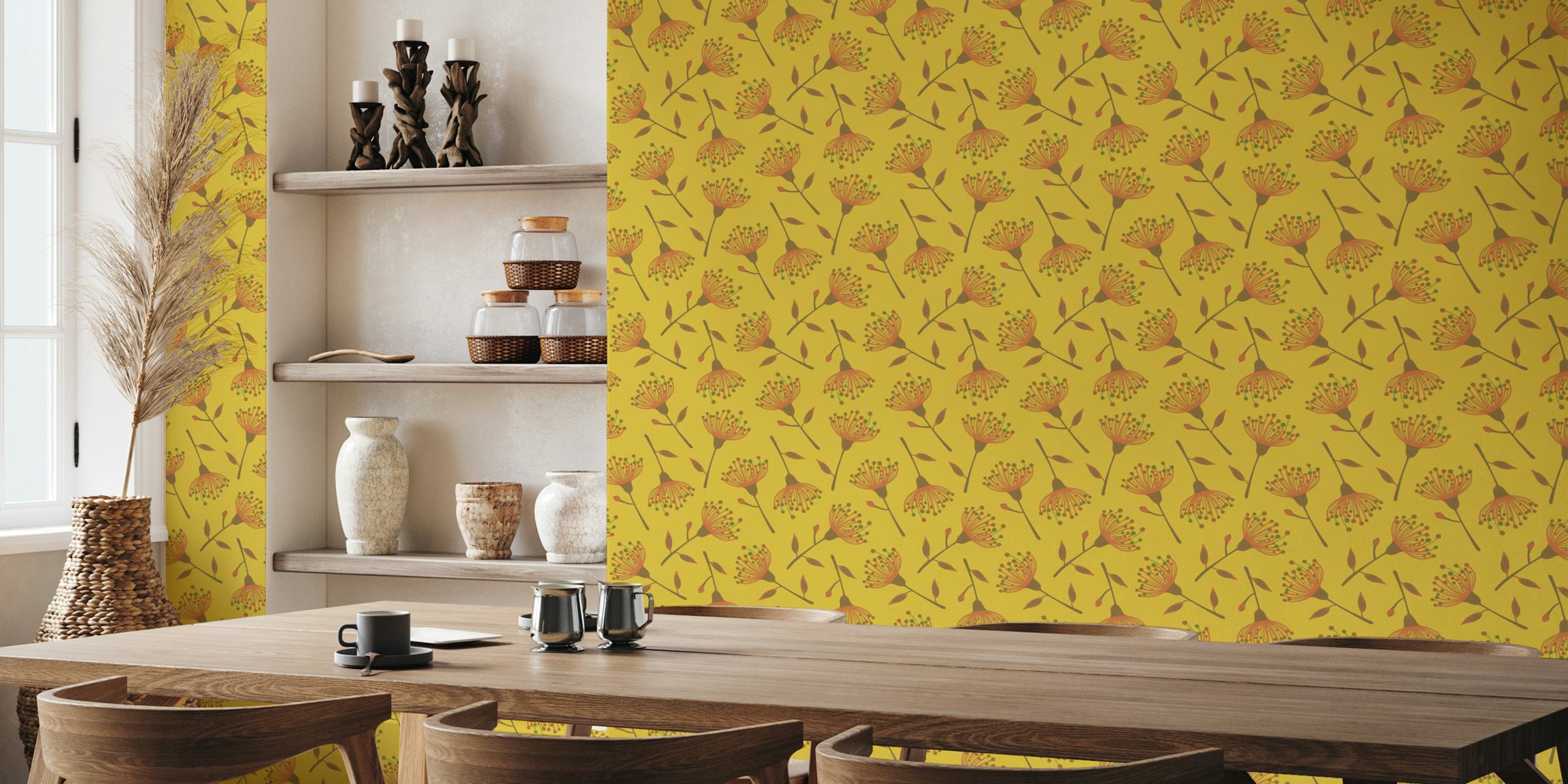 Floral design with yellow background, orange blooms and green accents wallpaper