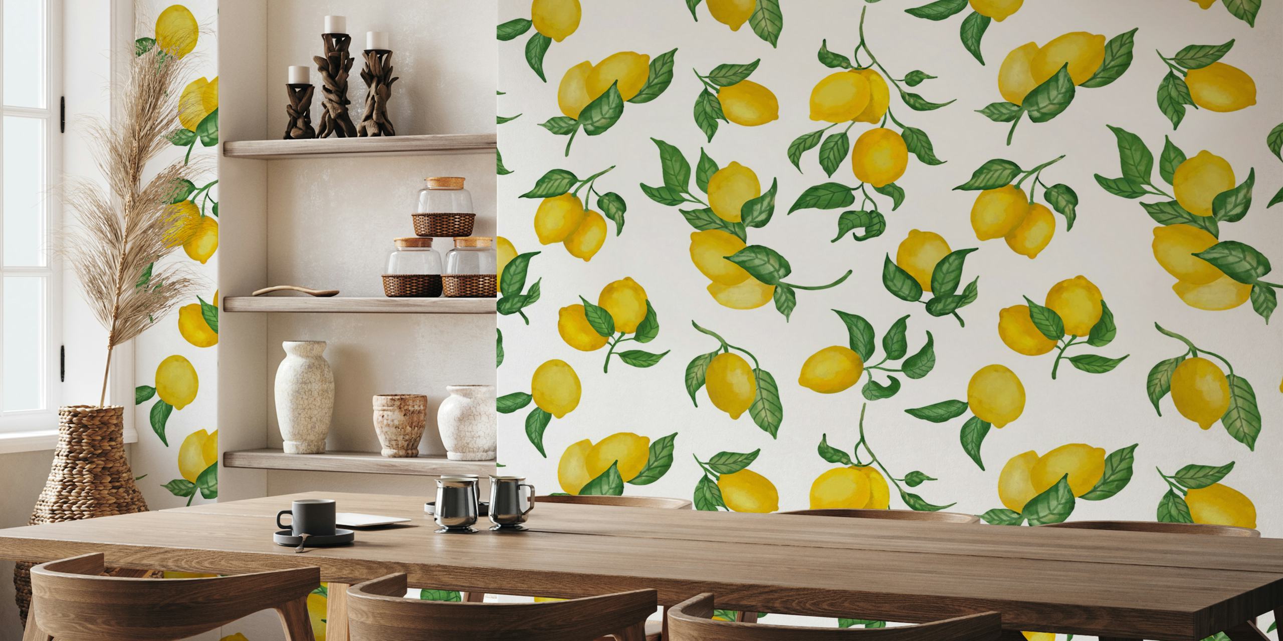 Lemons with green leaves on a white background wallpaper