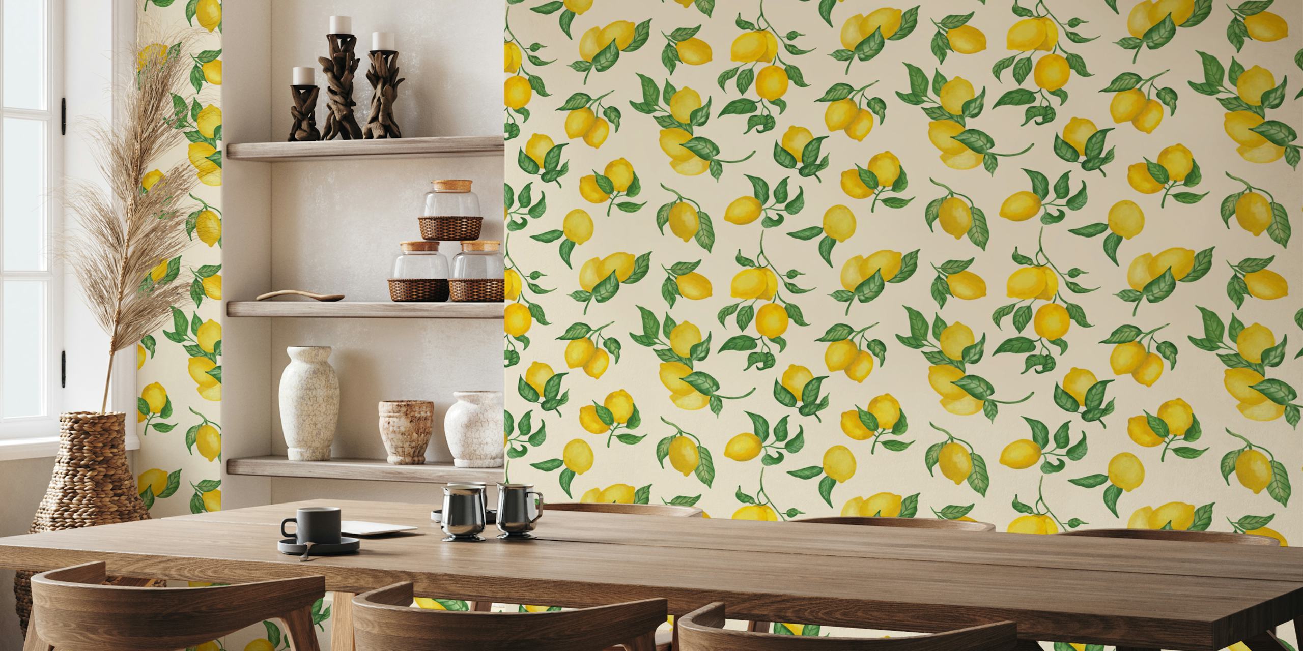 Lemon and leaf pattern on pastel ivory background wallpaper