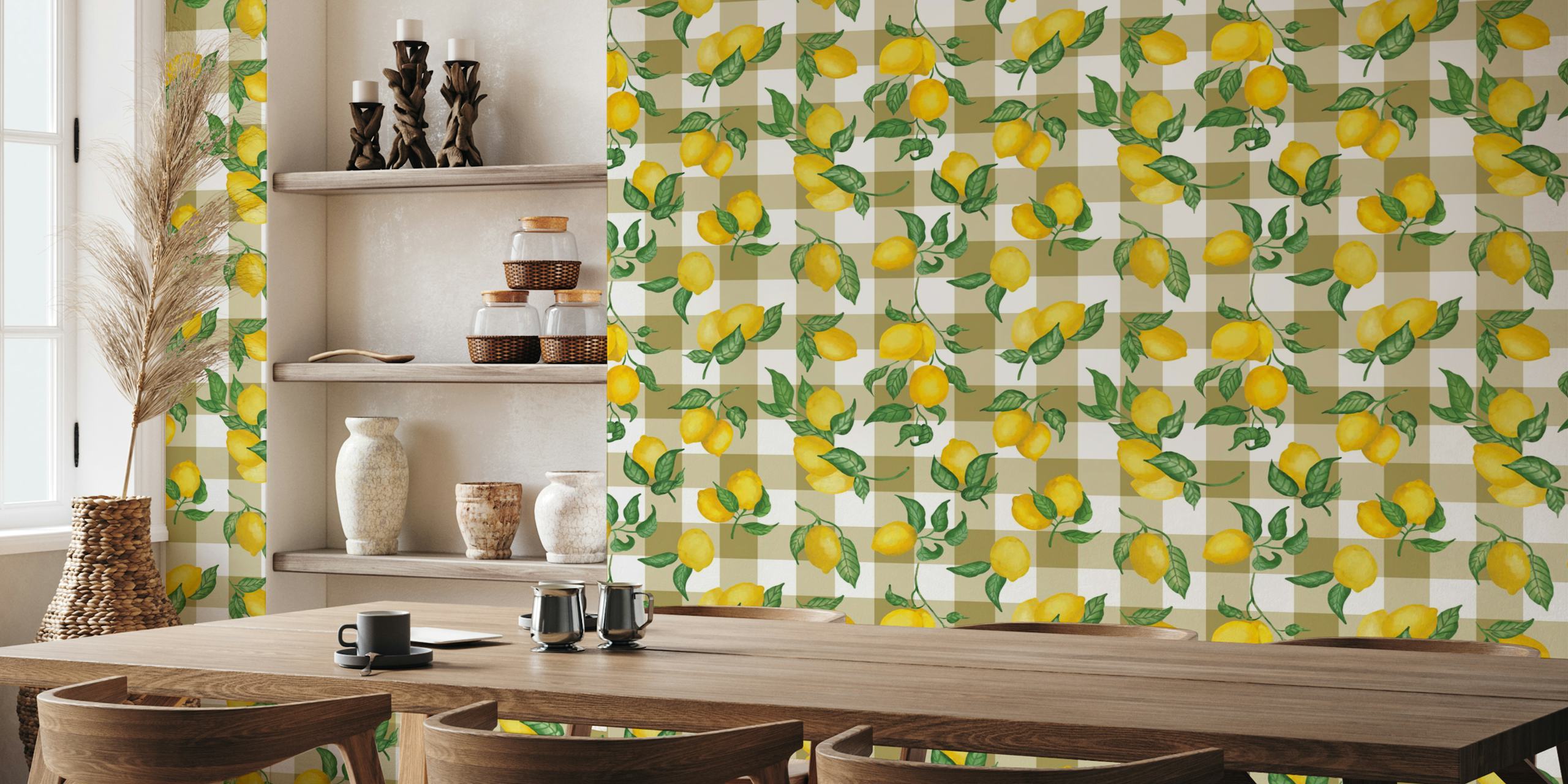 Lemon branches with green leaves on a bronze gingham background wallpaper