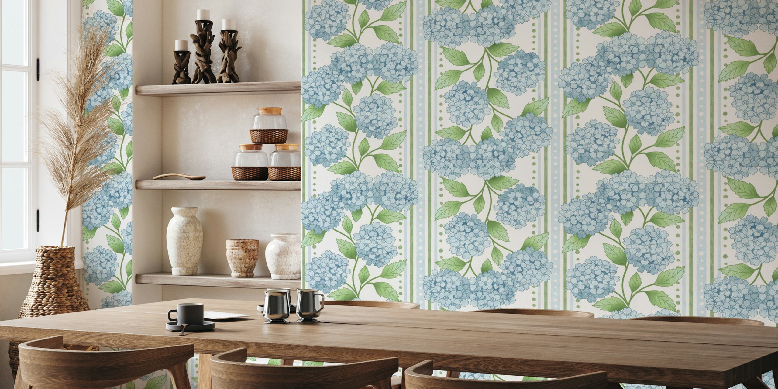 Powder blue hydrangea floral wallpaper in a room