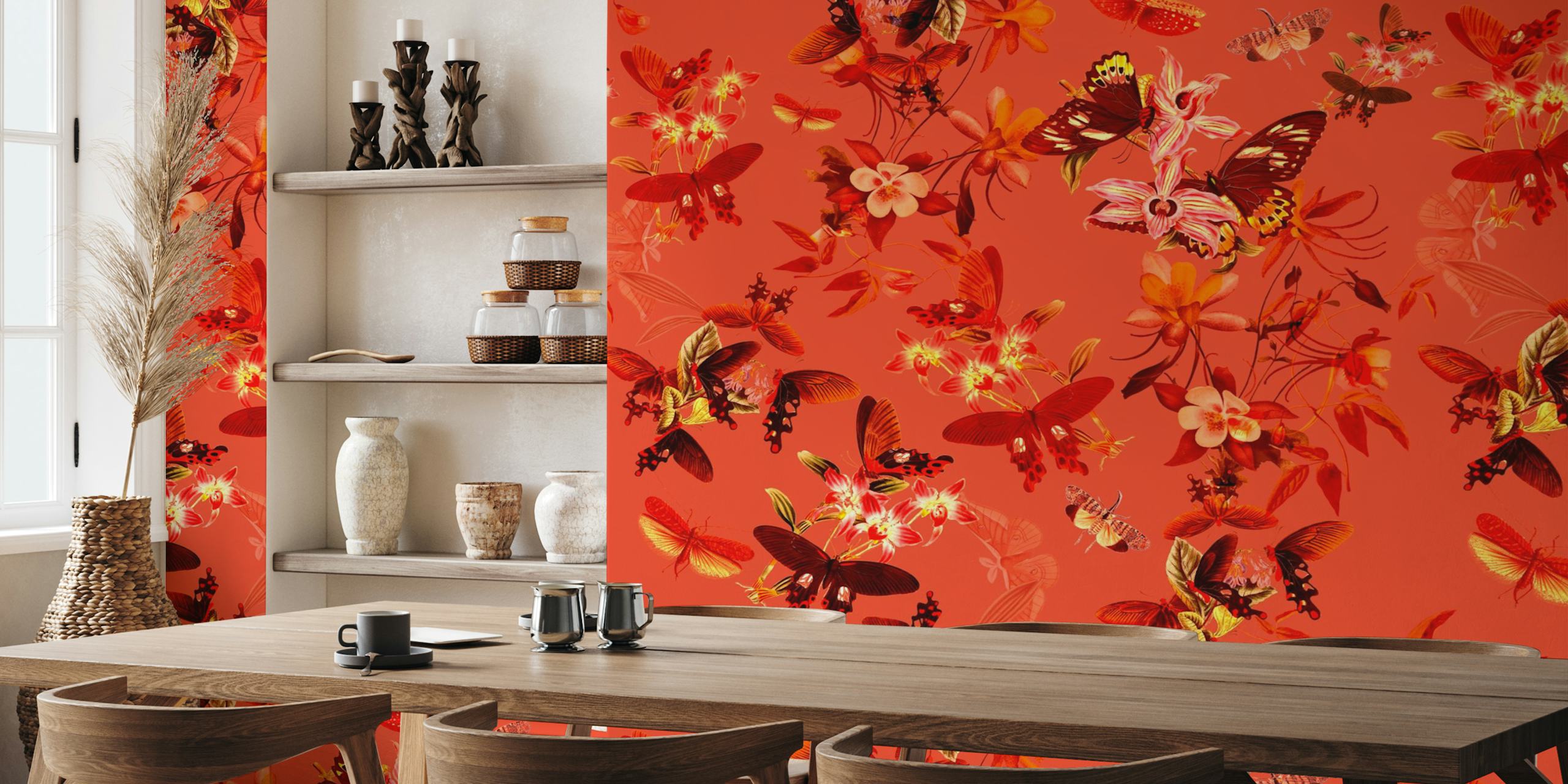 Orange floral pattern with butterflies and flowers wallpaper