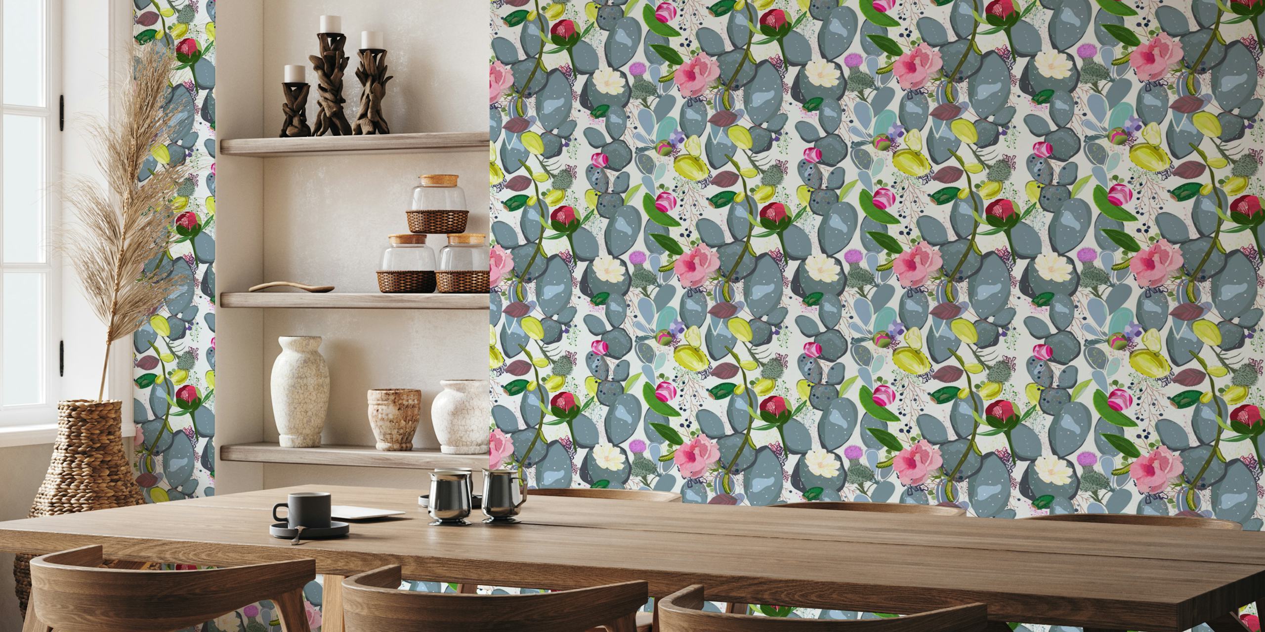 Cactus and colorful flowers pattern wallpaper