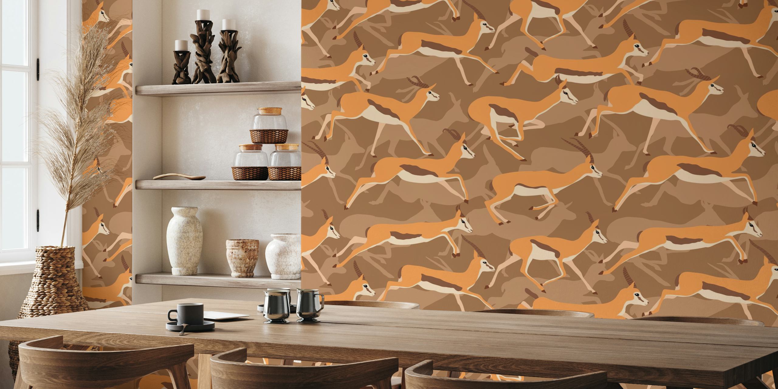 Wallpaper with running gazelles on a brown background