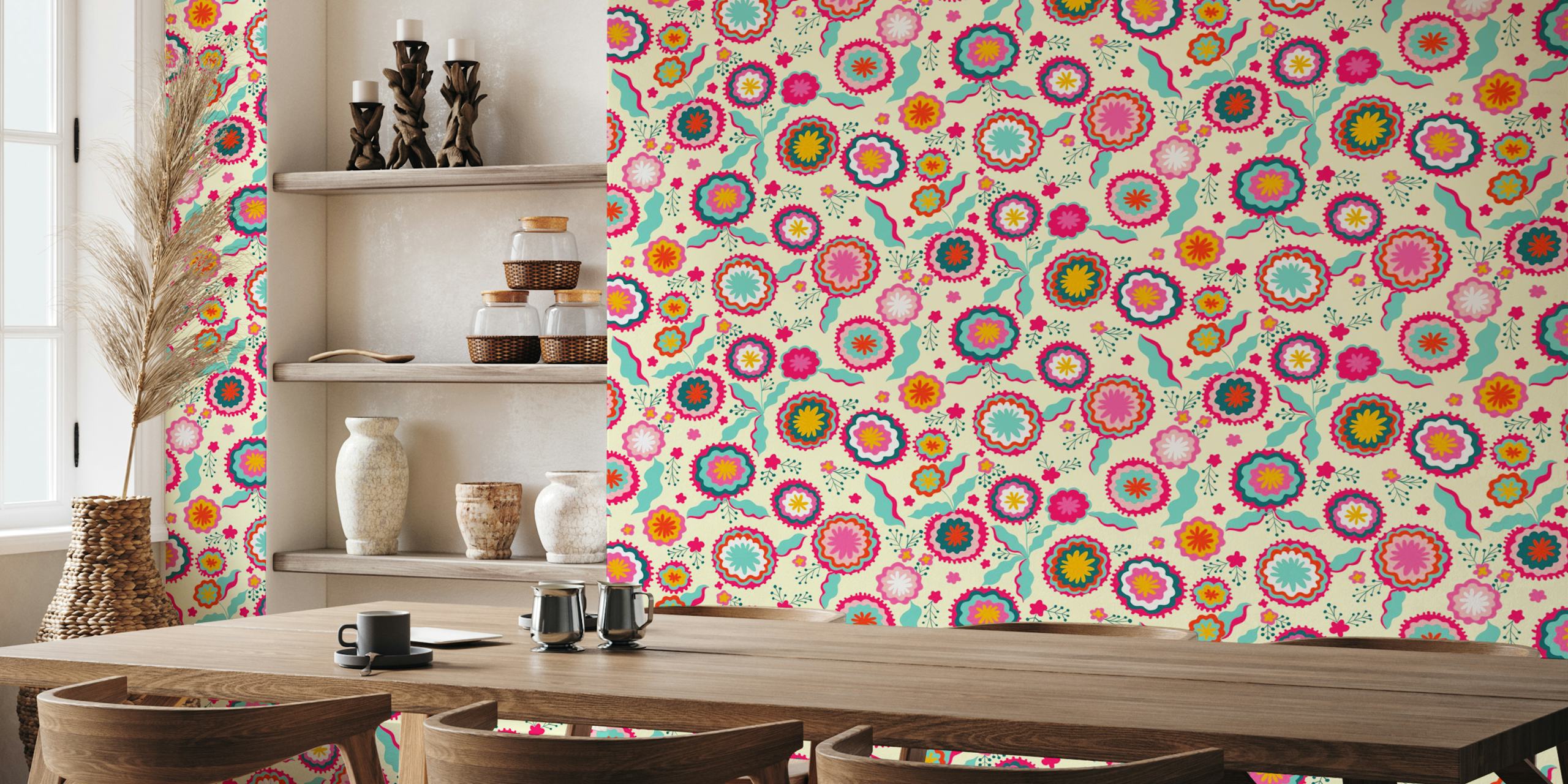 Design de papel de parede Bright floral carpet em um quarto
