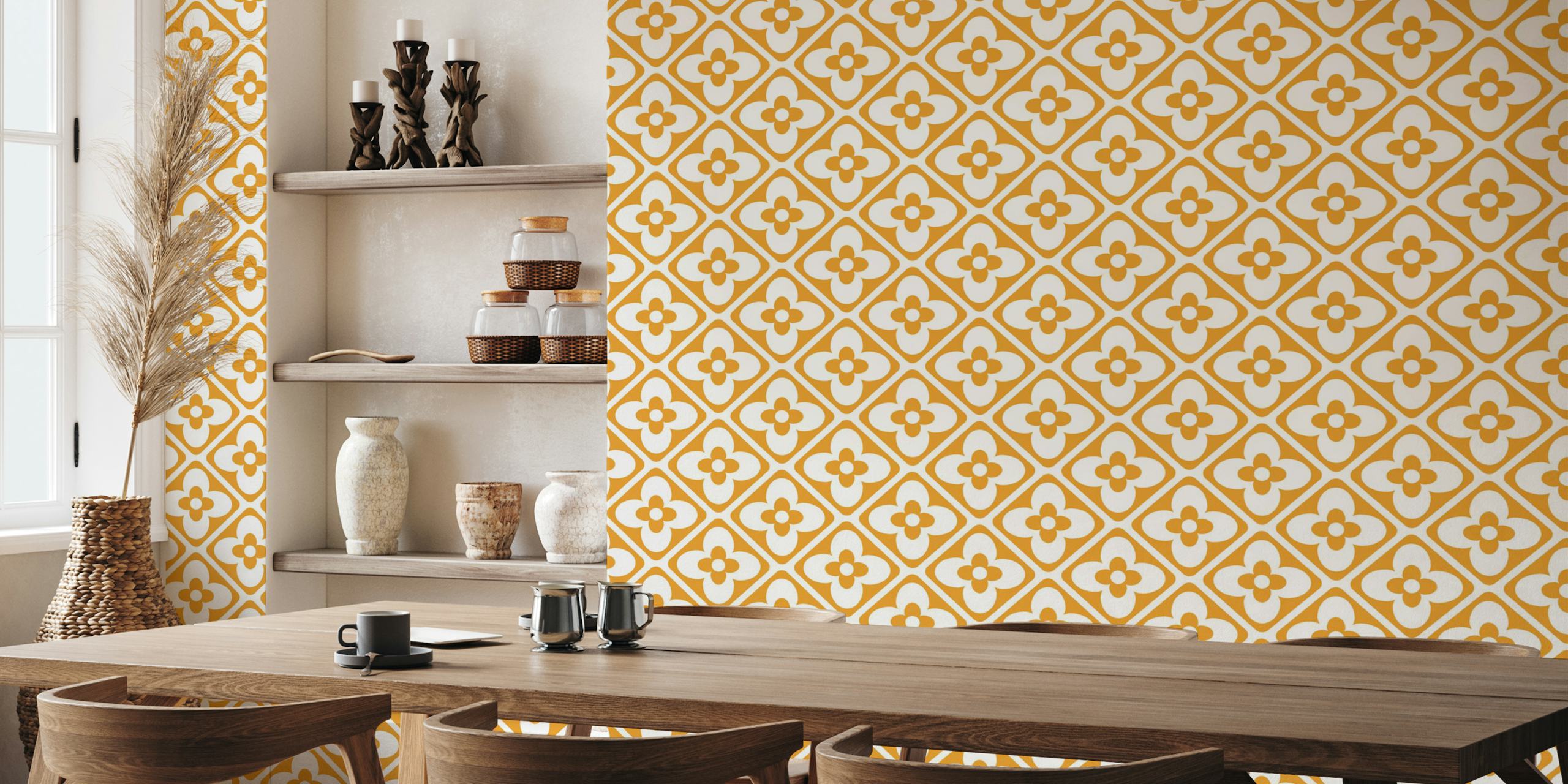Golden floral geometric pattern wallpaper