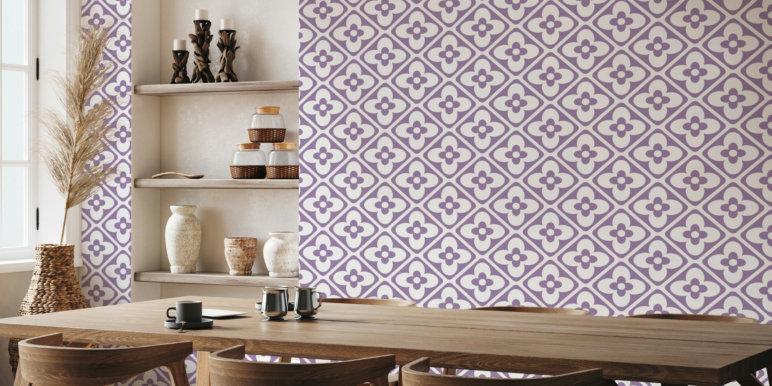 Retro Purple Geo Floral Motif Wallpaper in een kamer