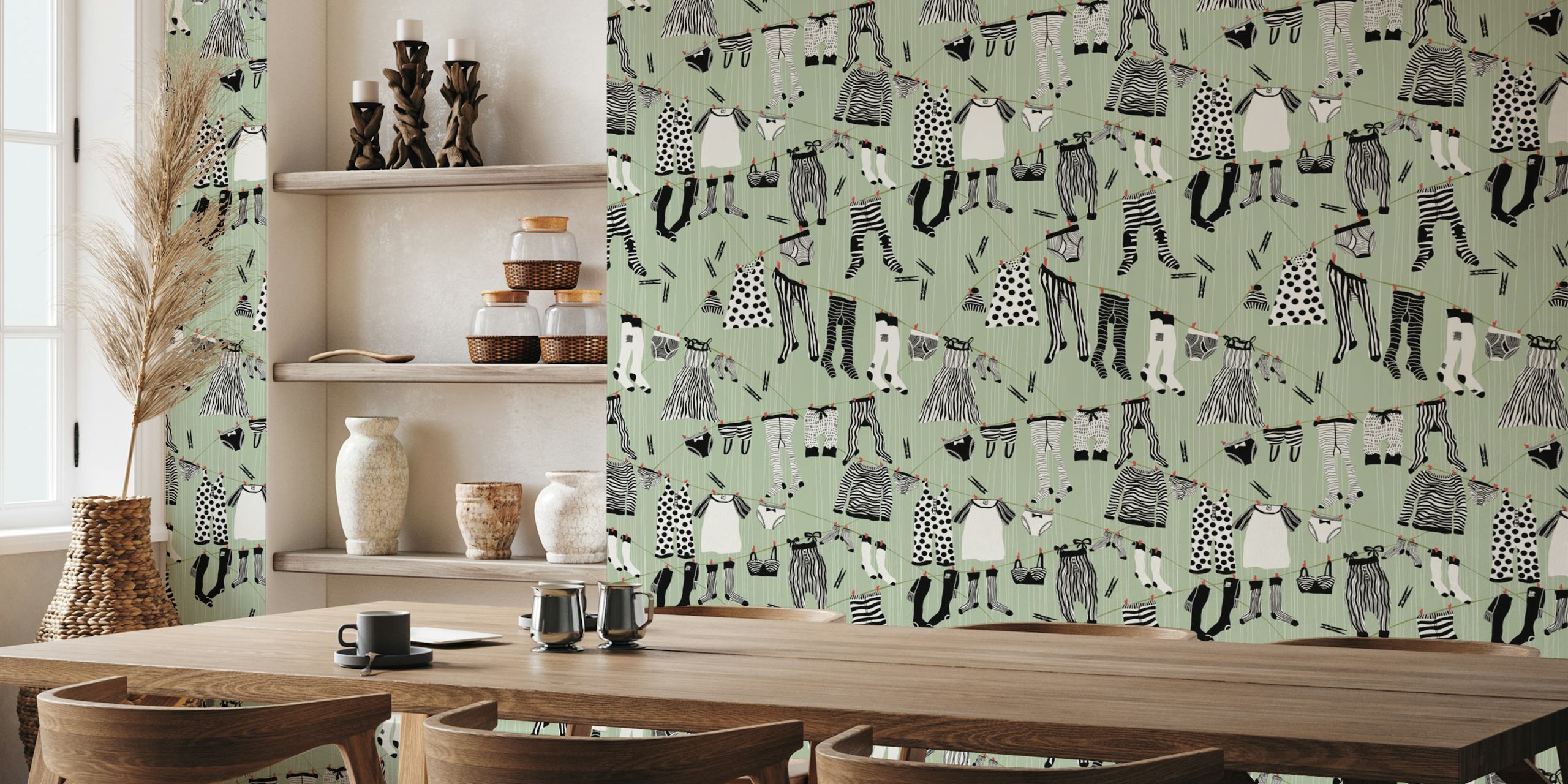 Laundry room wallpaper with black and white hanging clothes on a sage green background