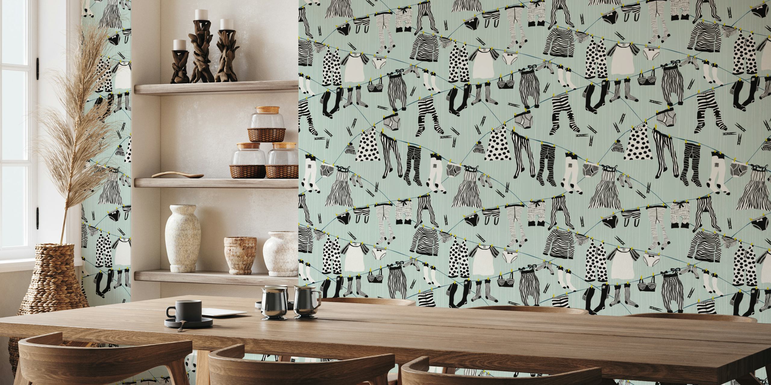 Mint laundry room wallpaper s visećom odjećom