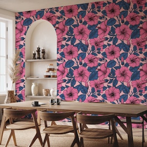 Pink hibiscus, blue leaves on pink