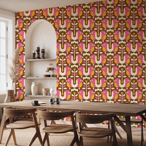 Retro Birds Pattern / Pink Yellow Brown