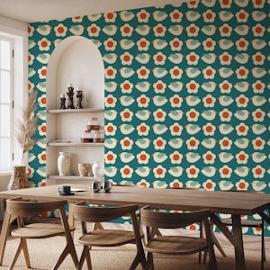 retro flowers and birds - teal green and red