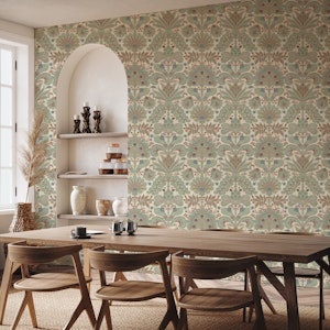 Botanic Damask Sage Green Red Cream