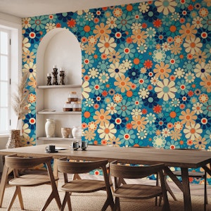 Retro Garden Blue and Orange Floral Pattern