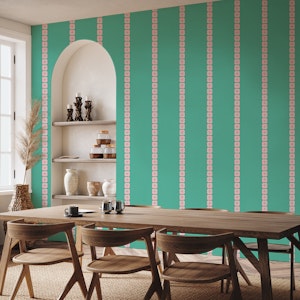 Vertical Retro Flowers Stripes Green Pink