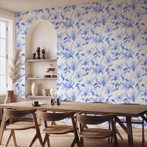 Magnolias and birds blue monochrome L