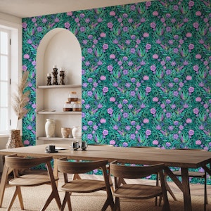 Hummingbird Chintz in Teal and Purple