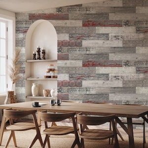 Vintage Wood Tiles Pattern Burgundy Beige Grey Horizontal