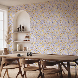 Buttercups, yellow and violet on off white