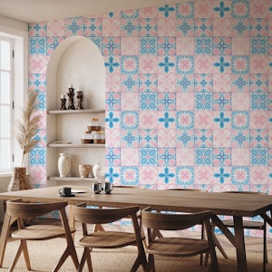 Ornate tiles in pink and blue