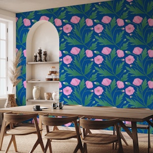 Pink Poppies on Blue