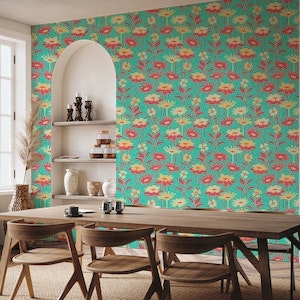 GARDEN MEADOW Retro Floral - Red Turquoise