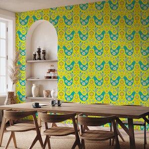 LOVE BIRDS Retro Scandi Floral Aqua Yellow