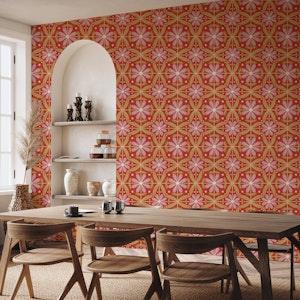 Boho Floral Tiles Bold Bright Red Pink Gold