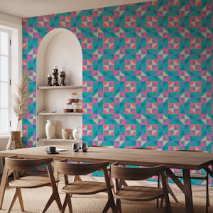 Geometric Square Tiles Grid - Turquoise Rose