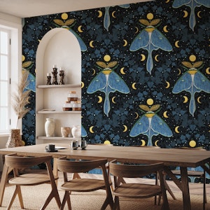 Luna moth, moon phases and ivy damask pattern