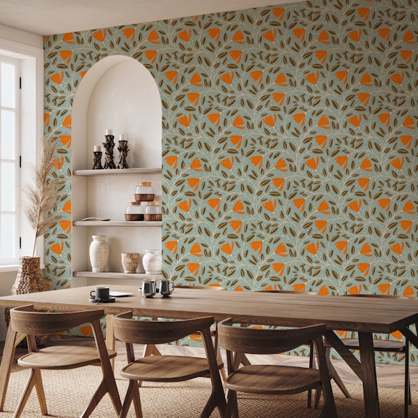 Retro Magnolia Floral Pattern on Blue