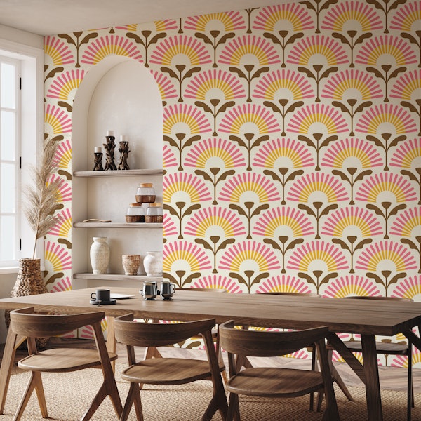 Mid-Century Retro Blossoms Pink Yellow Brown