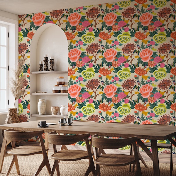 Chinese floral art with butterflies on beige