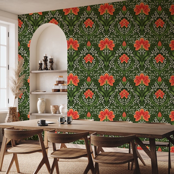 Intricate floral damask - red