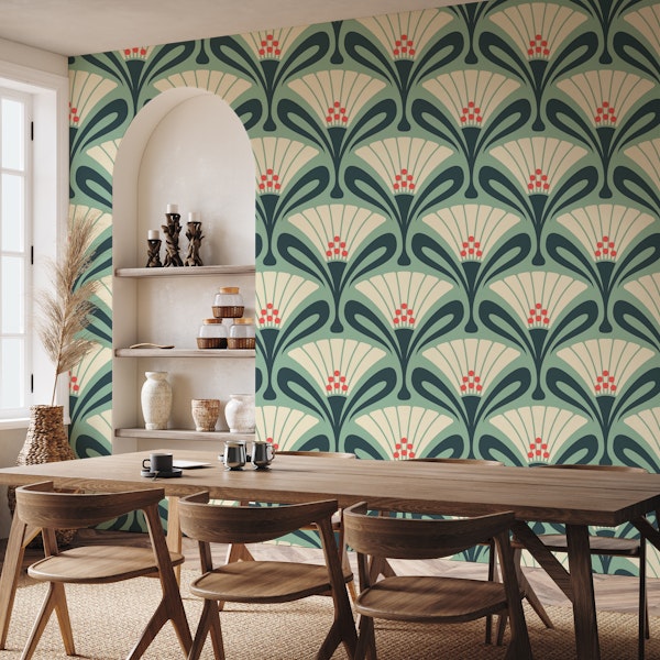 Vintage Floral Art Deco in Green - L