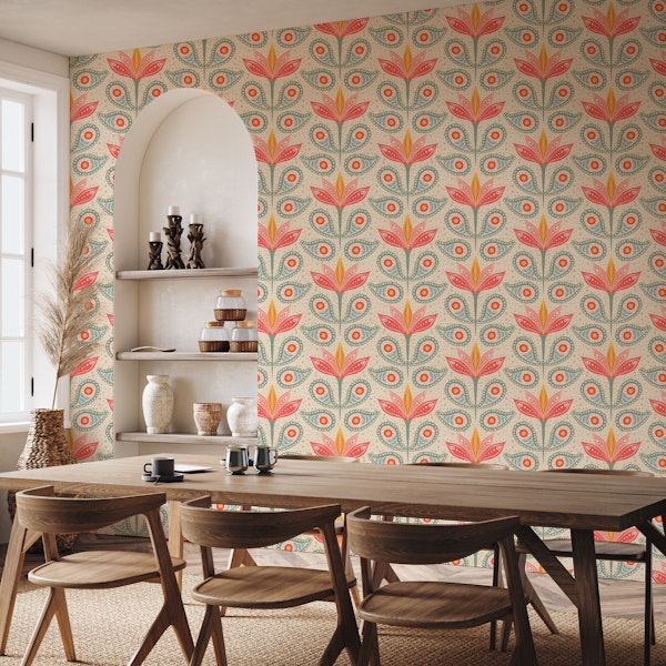 Modern Paisley Floral Beige Green Pink
