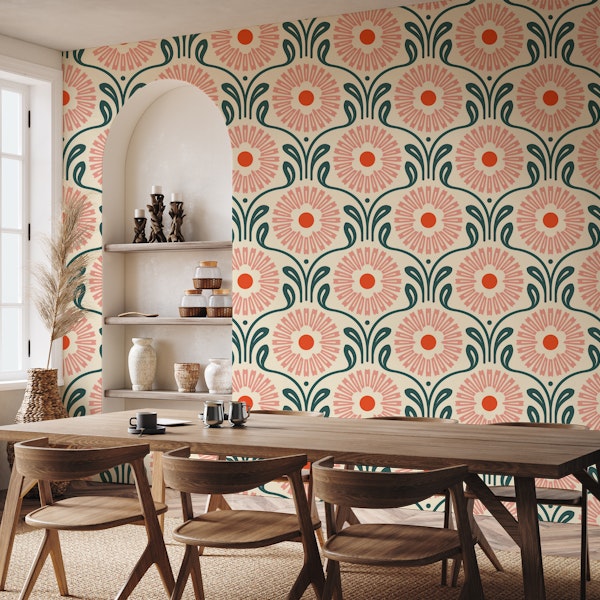 Retro Ornate Daisy in Green Pink - L