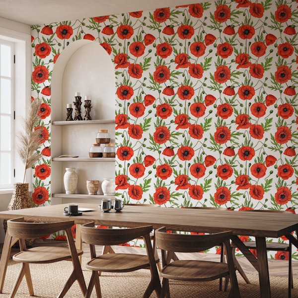 Poppies, red and green on white