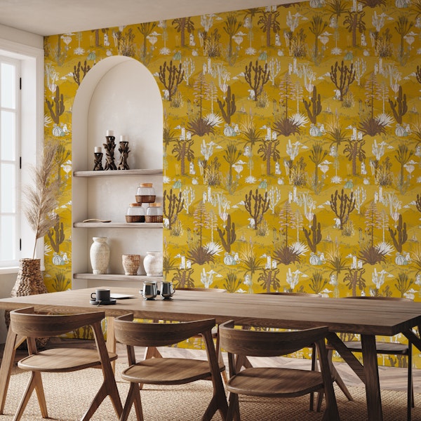 whimsical cactus landscape mustard yellow
