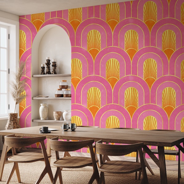 Retro Arch with Sun in Pink Orange and Gold