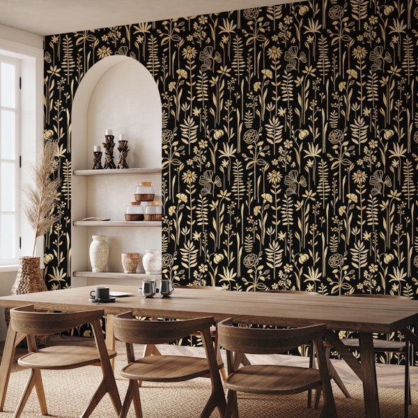 Golden Art Deco flowers on black