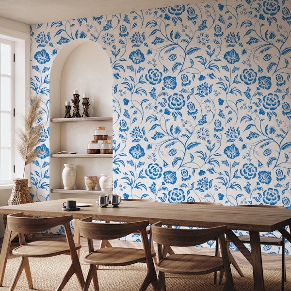 French Blue Damask Floral Art Nouveau