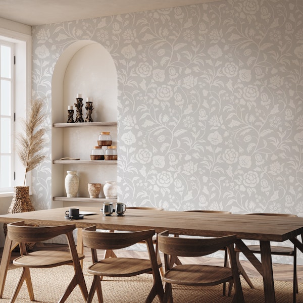 Damask Floral Art Nouveau White on Light Grey