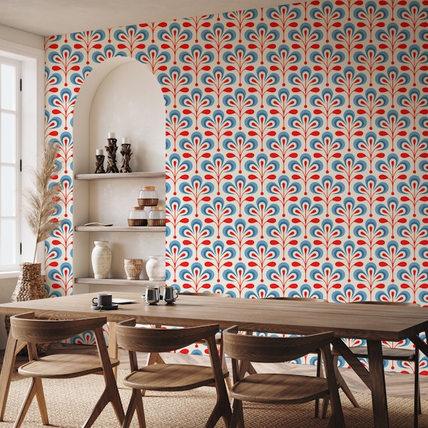 2686 C - retro floral pattern, red / blue
