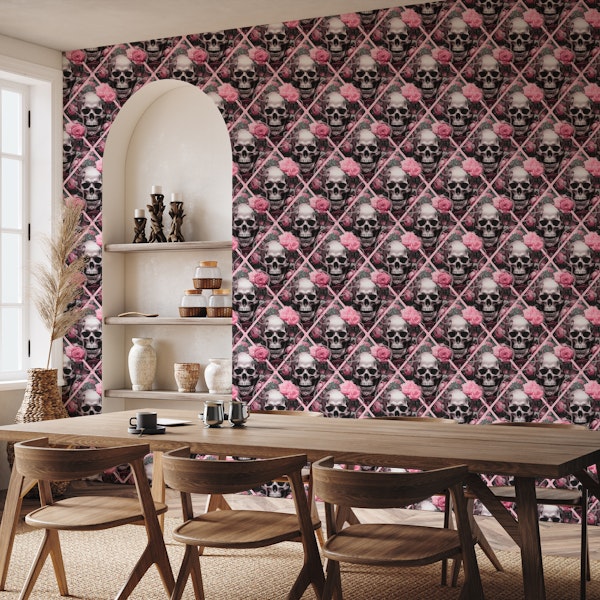 Skulls And Roses Gothic Romance Elegance Pattern Pink